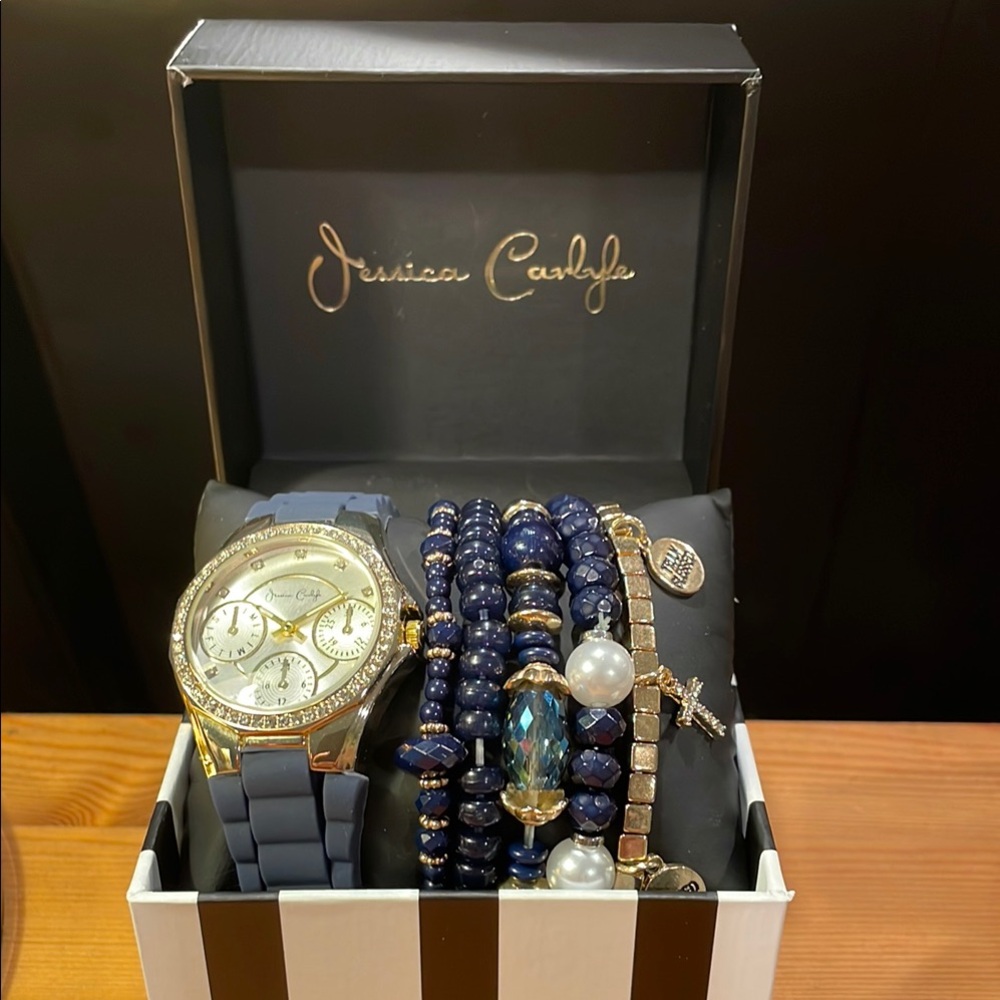 Women’s Navy & Gold Watch Gift Set | Crystal Bezel Timepiece + Beaded Bracelets